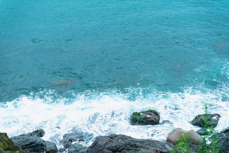 the coastline of the Black sea with rocky coast and waves top view. Amazing nature, beautiful...