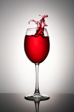 a glass of red wine with splashes on white on a light backgroundの写真素材
