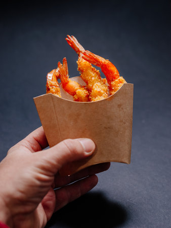 Male hand holding paper box without logo with tempura shrimp. Fried tempura shrimps in a paper box without a logo on a dark background.の写真素材