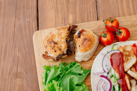 A piece of fried chicken. Ingredients sliced lie on the kitchen board. Fast food. Eastern food. Dishes of oriental cuisine lying on pita bread and decorated with greens and vegetablesの写真素材