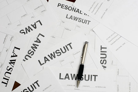 The forms of the lawsuit lies on the wooden surface of the table along with a pen