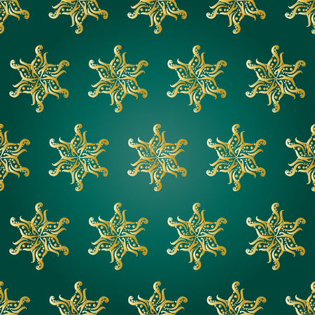 symmetrical flower shapes gradient yellow on a dark green background, forming a seamless patternのイラスト素材