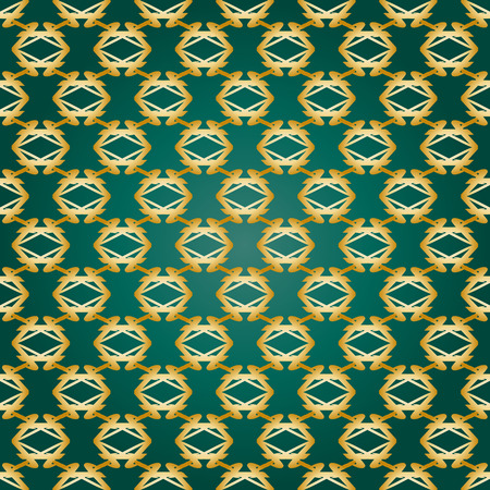 Symmetrical flower shapes gradient yellow on a dark green background, forming a seamless patternのイラスト素材