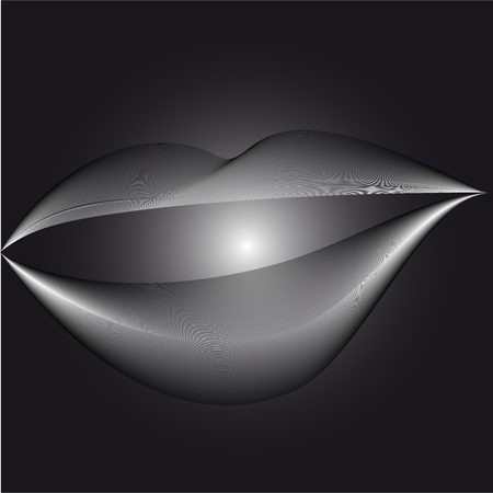 black and white wavy lines on the black gradient backdrop forming figure similar to human lips.のイラスト素材