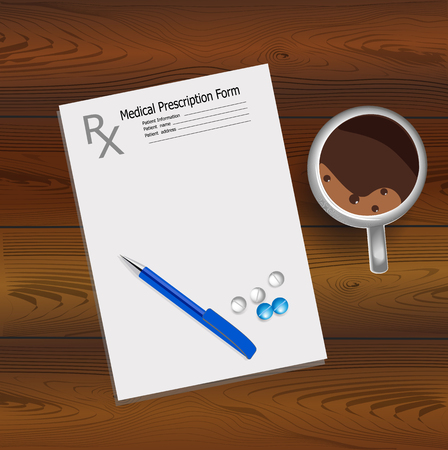 vector image of a medical prescription, fountain pen, blue and white tablets on a wooden textured surface.のイラスト素材