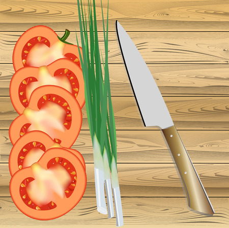 five pieces tomato, green onion and knife on wooden table surface textureのイラスト素材