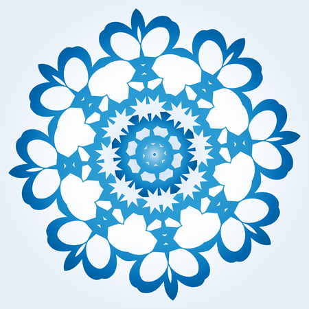 White blue symmetrical snowflake on light blue gradient background. For creativity and designのイラスト素材