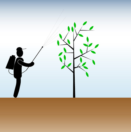 clipart on the theme of working in the garden. The symbol of a man with a knapsack sprayer that sprays a fruit tree with leavesのイラスト素材