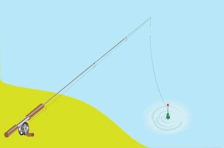 vector image of a fishing rod with a coil, fishing line, and float. All painted on a light blue backgroundのイラスト素材