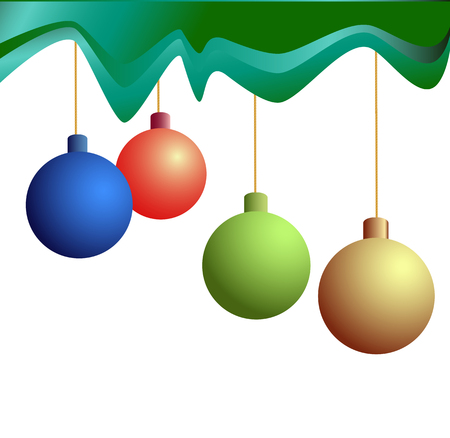 four colorful Christmas balls hanging under the green wavy gradient surfaceのイラスト素材