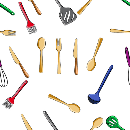 seamless pattern of kitchen tools set, spoon, scoop, etcのイラスト素材