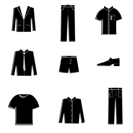 black and white vector illustration of icons of men's clothingのイラスト素材