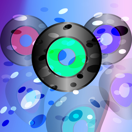 three vinyl records with reflection on an abstract neon background. the foreground mimics the lighting effects. Vector image for creativity and design of banners andのイラスト素材