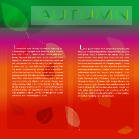 square colored pattern on the theme of autumn. On a multicolored background falling leaves of different shades.  Gradient the inscription the Autumn. Below are two of the gradient box placeholder text.のイラスト素材