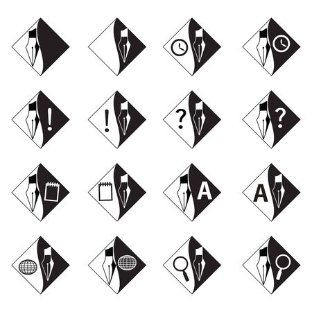 set of 16 black and white square icons with a fountain pen tip. For creativity and designのイラスト素材