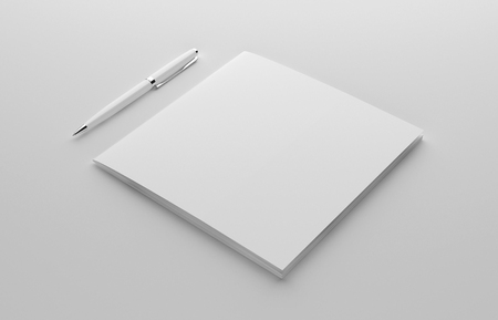 Blank square white photorealistic booklet mockup on light grey background, 3D illustration.の写真素材