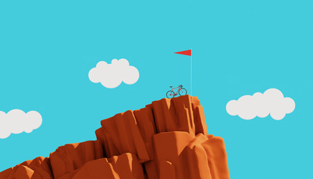Bicycle on top of a mountain with flag, winner concept, 3d illustrationの写真素材