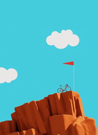 Bicycle on top of a mountain with flag, winner concept, 3d illustrationの写真素材