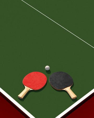 Two table tennis or ping pong rackets and ball on a table with net 3d illustrationの写真素材