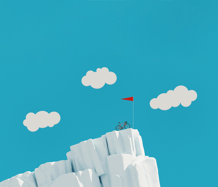 Bicycle on top of a mountain with flag, winner concept, 3d illustrationの写真素材