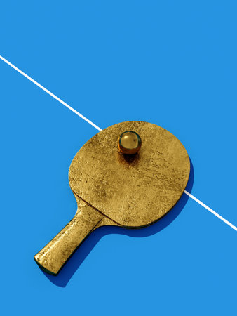 Table tennis paddle with ball. Golden style on blue background.