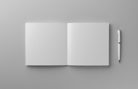 Blank photorealistic brochure mockup on light grey backgroundの写真素材
