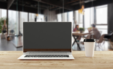 A notebook with coffee cup, mockup. Home office concept. 3d illustration.の写真素材