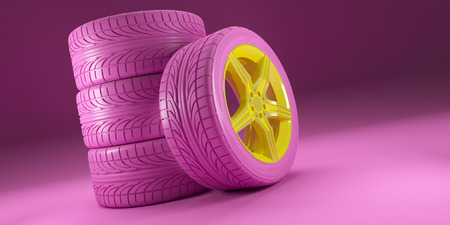 Pink Car wheels set with yellow discs on pink background. Women racing concept. Poster design. Stack. 3d illustration.の写真素材