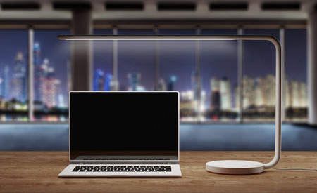A notebook with coffee cup, mockup. Home office concept. 3d illustration.の写真素材