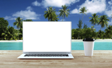 Laptop stands on wooden table outdoors. Remote office concept. 3d illustration. Mockupの写真素材