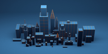 Urban night abstract background, futuristic blue city panorama. 3d illustration.の写真素材