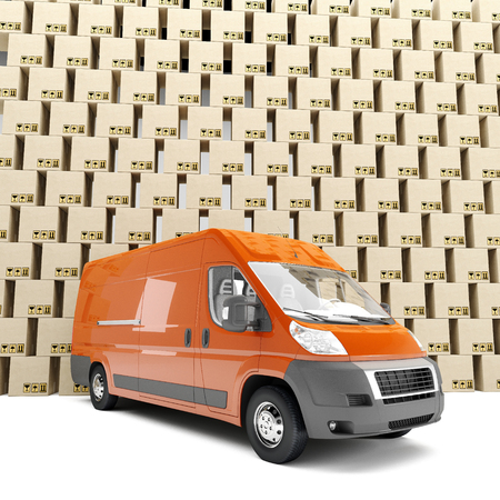 3d illustration. Inaccurate package handling and delivery. Heap of boxes and red van on white background.の写真素材
