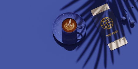 Flat lay of traveler's accessories, Essential vacation items, headphones, passport, ticket, coffee. Shadow of palm tree. Travel planning concept blue background with copyspace.の写真素材