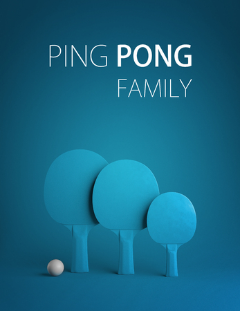 3d Illustration Featuring a Family Playing Table Tennis . Three blue rackets on blue background with copy space.の写真素材