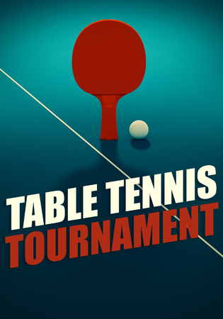 Red table tennis  racket and ball on a blue table. 3d illustration. Poster for tournament with copy space for text.の写真素材