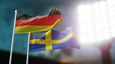 3D Illustration. Two national flags waving on wind. Night stadium. Championship 2018. Soccer. Germany versus Swedenの写真素材