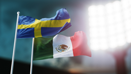 3D Illustration. Two national flags waving on wind. Night stadium. Championship 2018. Soccer. Sweden versus Mexicoの写真素材