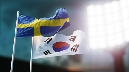 3D Illustration. Two national flags waving on wind. Night stadium. Championship 2018. Soccer. Sweden versus Mexicoの写真素材