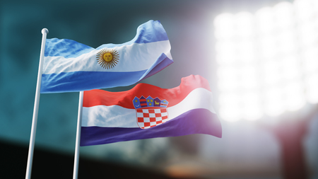 3D Illustration. Two national flags waving on wind. Night stadium. Championship 2018. Soccer. Argentina versus Croatiaの写真素材