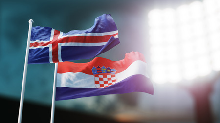 3D Illustration. Two national flags waving on wind. Night stadium. Championship 2018. Soccer. Croatia versus Icelandの写真素材