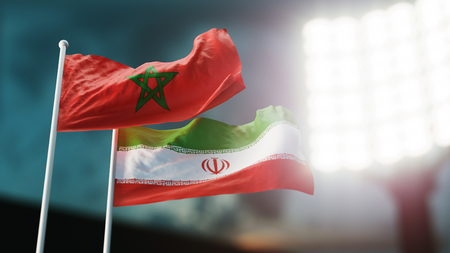 3D Illustration. Two national flags waving on wind. Night stadium. Championship 2018. Soccer. Morocco versus Iranの写真素材