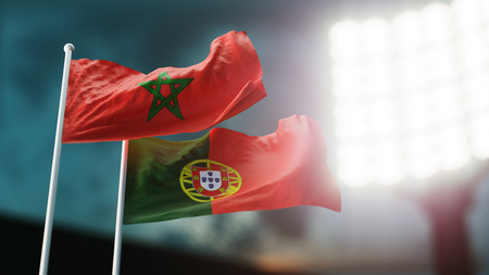 3D Illustration. Two national flags waving on wind. Night stadium. Championship 2018. Soccer. Morocco versus Portugalの写真素材