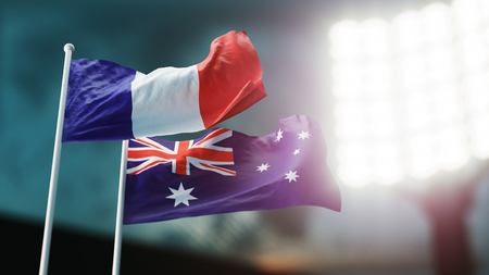 3D Illustration. Two national flags waving on wind. Night stadium. Championship 2018. Soccer. France versus Australiaの写真素材