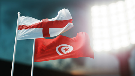 3D Illustration. Two flags waving on wind. Night stadium. Championship 2018. Soccer. England versus Tunisiaの写真素材