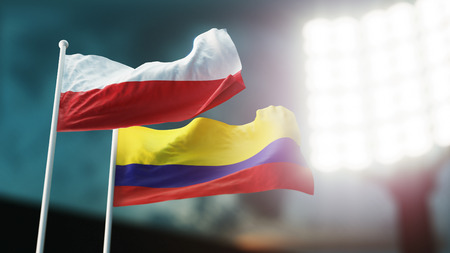 3D Illustration. Two flags waving on wind. Night stadium. Championship 2018. Soccer. Poland versus Columbiaの写真素材