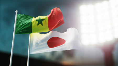3D Illustration. Two flags waving on wind. Night stadium. Championship 2018. Soccer. Japan versus Senegalの写真素材