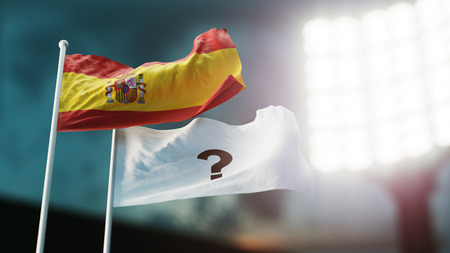 3D Illustration. Two flags waving on wind. Question mark and Spain. Night stadium. Championship 2018. Soccer. Bookmaker forecast conceptの写真素材