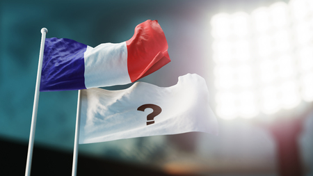 3D Illustration. Two flags waving on wind. Question mark and France. Night stadium. Championship 2018. Soccer. Bookmaker forecast conceptの写真素材
