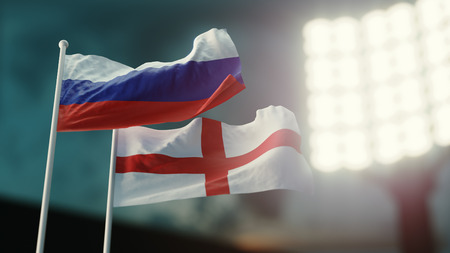 3D Illustration. Two national flags waving on wind. Night stadium. Championship 2018. Soccer. Russia versus Englandの写真素材