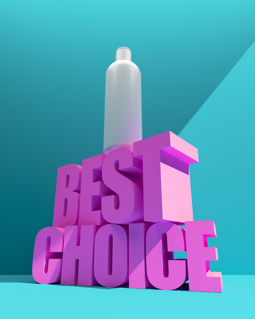 3D illustration. best choice words on blue background. With a bottle of shampoo. Mock up. Modern epic poster design.の写真素材